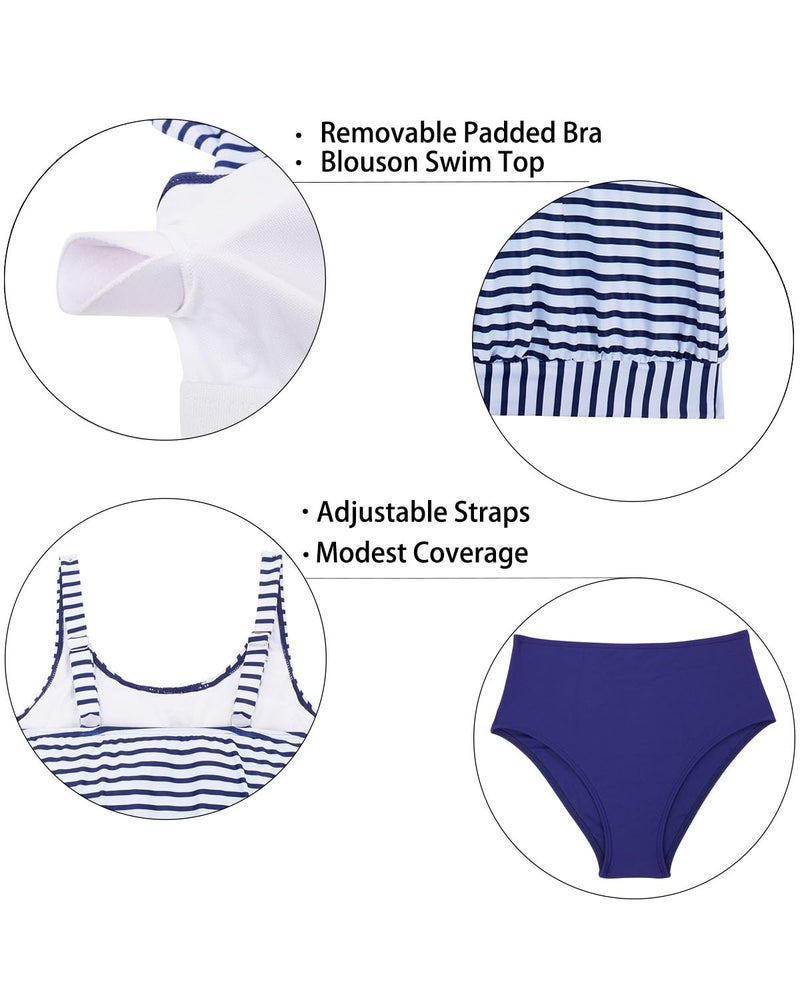 Yonique Blouson Tankini Swimsuits for Women Loose Fit Modest Two Piece Bathing Suits Blue and White M - Image 5